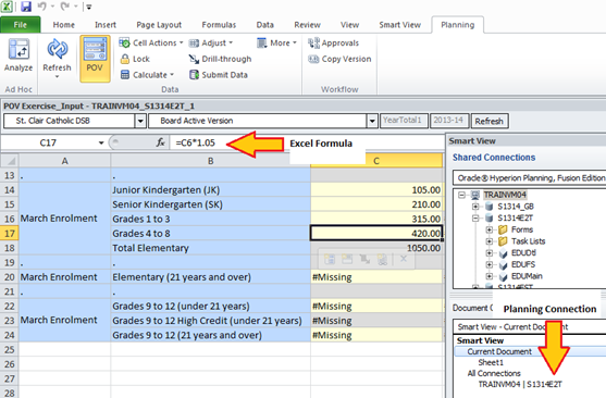 Shows that formulas can be added to input cells on a smartview form